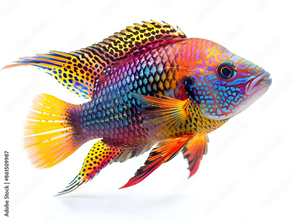Fototapeta premium Vibrant and Captivating Dwarf Cichlid with Intricate Patterns Swimming in Clear Aquarium