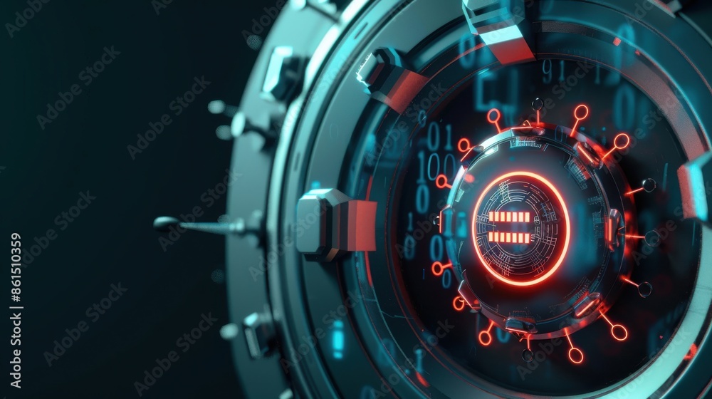 Virus icon, silver password entry field, threat detection symbol, side view, conveys data protection, robotic tone, splitcomplementary color scheme Virus icon, silver password entry field, threat detection symbol, side view, conveys data protection, robotic tone, splitcomplementary color scheme
