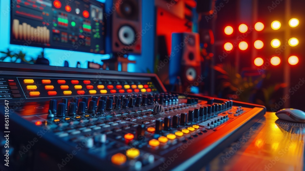Modern sound mixing console in a recording studio Modern sound mixing console in a recording studio