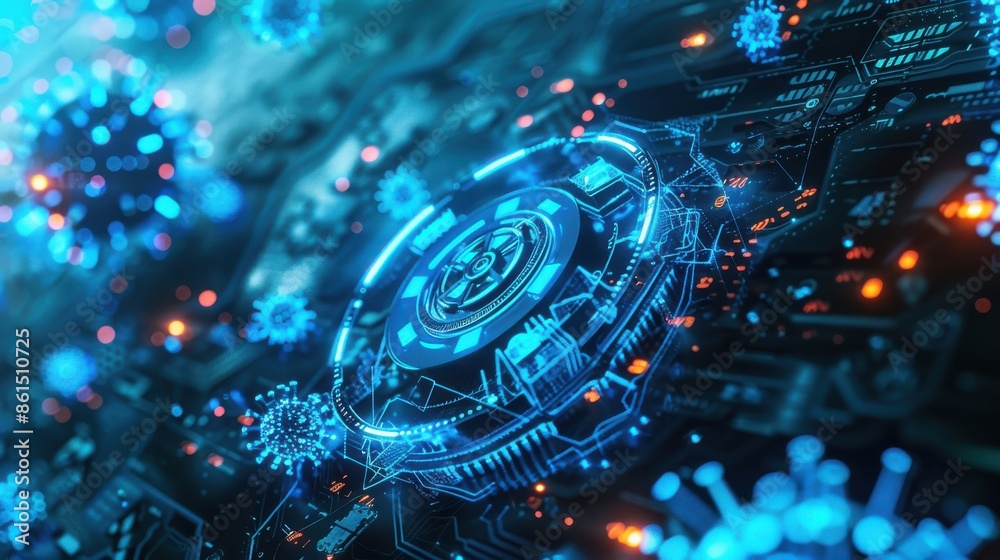 Virus icon, blue password entry field, threat detection symbol, side view, emphasizes network security, futuristic tone, vivid color scheme Virus icon, blue password entry field, threat detection symbol, side view, emphasizes network security, futuristic tone, vivid color scheme