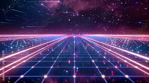 White light streaks grid in space. 80's arcade game aesthetic background © dekreatif