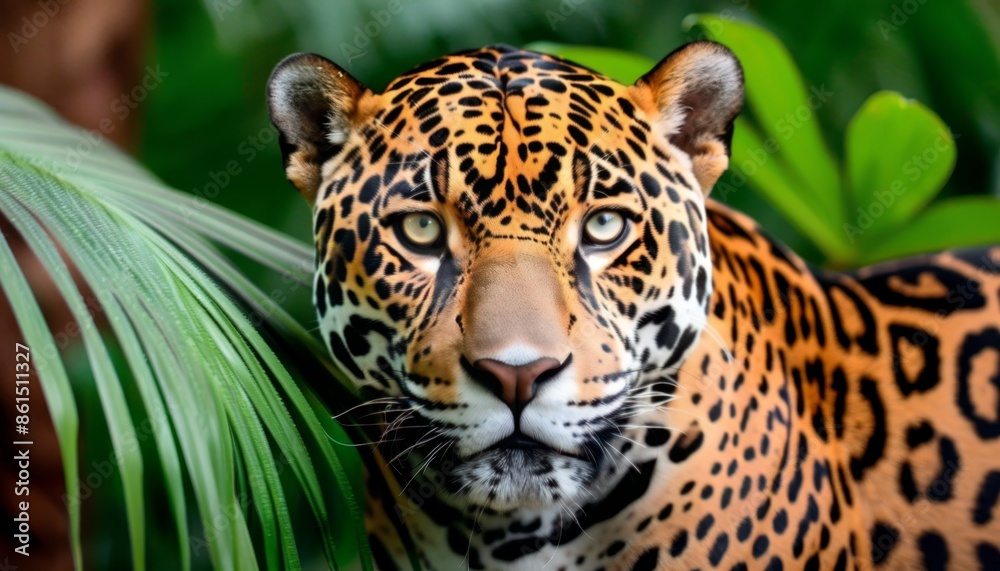Detailed close up of a majestic jaguar in a vibrant lush tropical rainforest setting Detailed close up of a majestic jaguar in a vibrant lush tropical rainforest setting