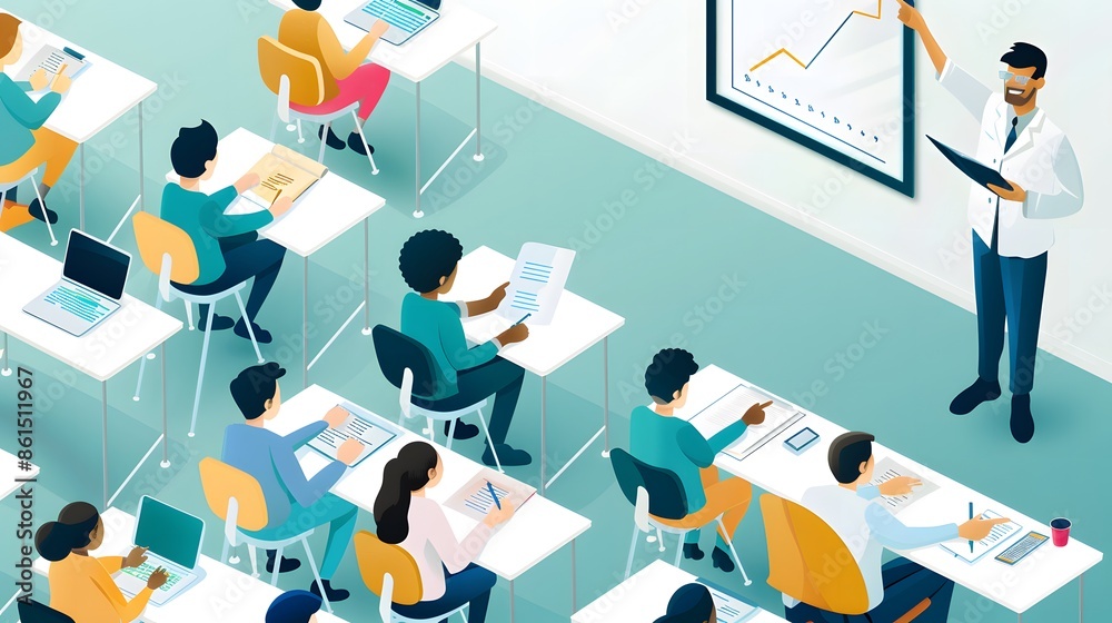 A modern classroom with students learning and a teacher presenting data on a chart, showcasing education and technology integration. A modern classroom with students learning and a teacher presenting data on a chart, showcasing education and technology integration.