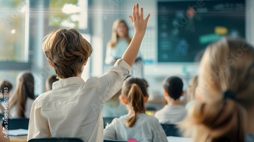 A student raises his hand in a modern classroom, engaging with the teacher during a lesson, signifying active learning and participation.