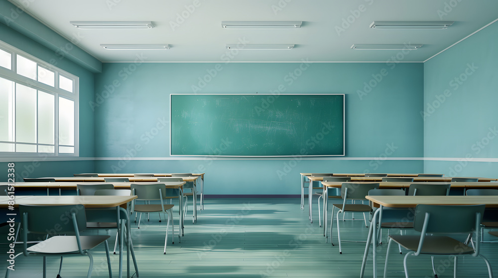 Empty classroom with rows of desks and a green chalkboard, light streaming through windows, creating a clean and quiet academic environment. Empty classroom with rows of desks and a green chalkboard, light streaming through windows, creating a clean and quiet academic environment.