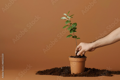 A person planting a small tree in a pot against a solid brown background 