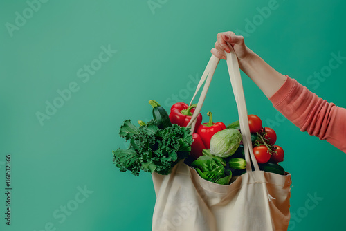 A person using a reusable shopping bag filled with fresh produce against a solid green background