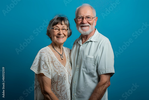 A senior couple smiling and holding hands against a solid blue background 