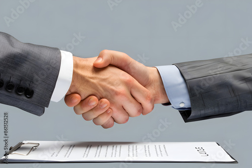 A vibrant photo of a businessman signing a contract with a handshake against a solid grey background 