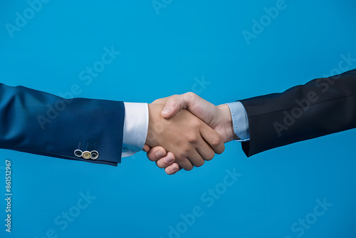 Two business professionals shaking hands against a solid blue background, symbolizing successful negotiation and partnersh