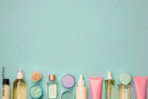 A close-up of organic skincare products arranged neatly against a solid pastel background 