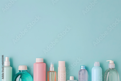 A close-up of organic skincare products arranged neatly against a solid pastel background 