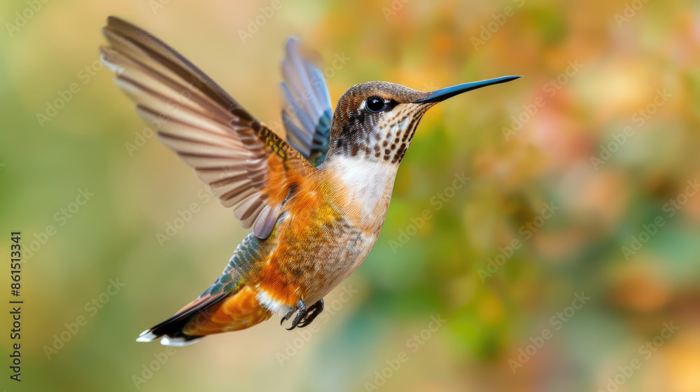Fototapeta premium A beautiful hummingbird is flying in mid-air with its long, thin beak outstretched
