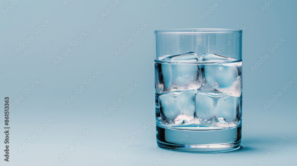 A glass of water with ice cubes on a blue background. A glass of water with ice cubes on a blue background.