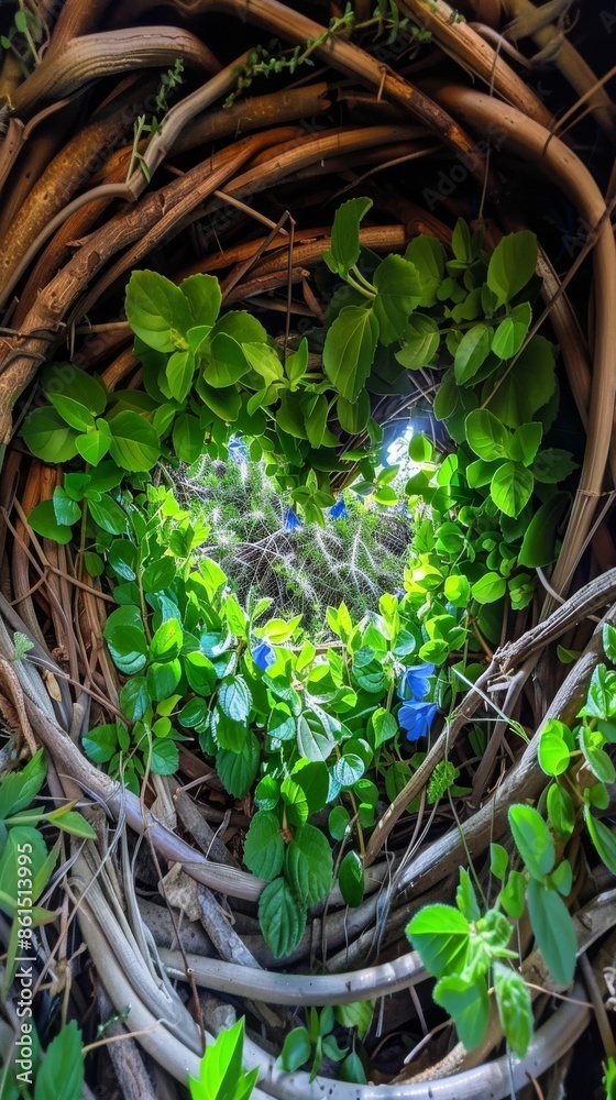 Heart shaped nest of vines with green leaves, creating a natural and serene atmosphere, symbolizing love, growth, and nature in an intimate and textured setting Heart shaped nest of vines with green leaves, creating a natural and serene atmosphere, symbolizing love, growth, and nature in an intimate and textured setting