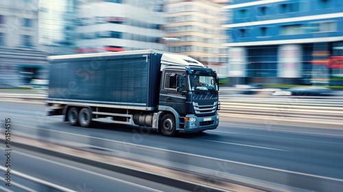 A sleek delivery truck in motion on an urban road with buildings in the background slightly blurred to show the fast pace photo