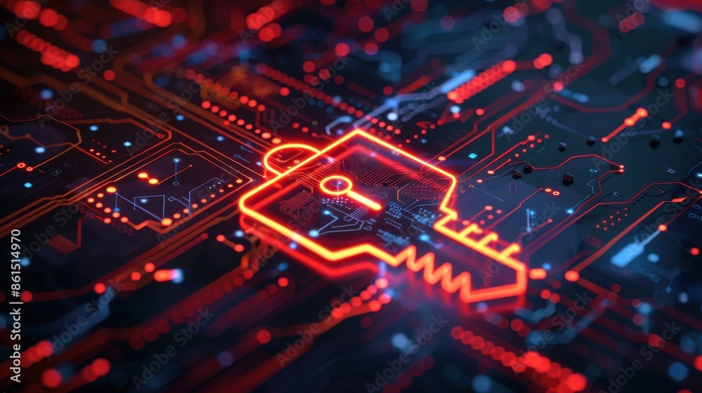 Security key, red firewall interface, threat detection symbol, front view, highlights data security, technology tone, complementary color scheme Security key, red firewall interface, threat detection symbol, front view, highlights data security, technology tone, complementary color scheme