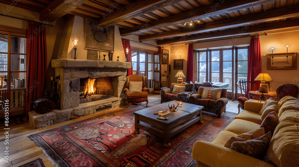 Cozy living room with stone fireplace and wooden beams Cozy living room with stone fireplace and wooden beams