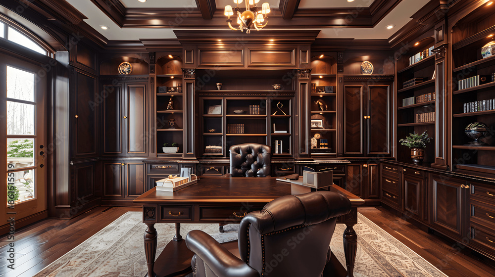 Obraz premium Sophisticated home office with mahogany desk and leather chair