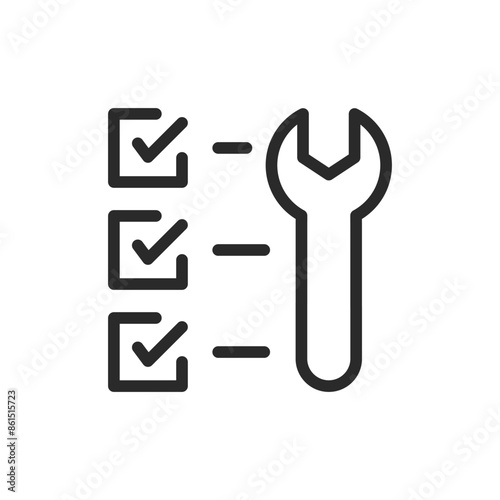 Wrench with checklist, linear style icon. maintenance tasks or repair checklist. Editable stroke width.