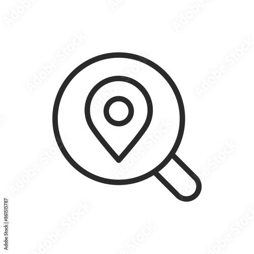 Location search, linear style icon. finding a specific geographic location using a magnifying glass. Editable stroke width