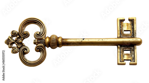 A golden transparent key with a large circular handle and a smaller keyhole at its other end. The key is inserted into a white background, with the keyhole being the primary focal point. photo