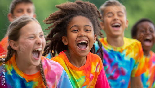 A group of kids laughing and enjoying outdoors wearing vibrant tie-dye shirts embodying the joy and carefree spirit of childhood