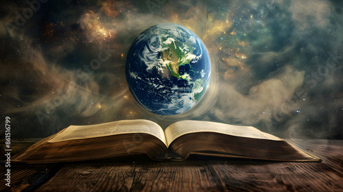 Open Book With Earth Rising Above In A Starry Sky © Olena