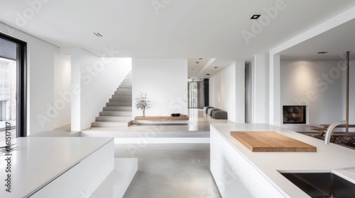 A detailed shot of a minimalist kitchen in a white house, with sleek countertops, minimalist design elements, and ample natural light enhancing the clean aesthetic