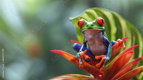 Close up of vibrant poisonous frog in lush rainforest, detailed shot capturing bright skin