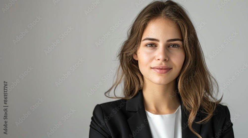 Obraz premium An elegant portrait of a confident young woman presenter against a plain background, highlighting her charm and ability to connect with the audience