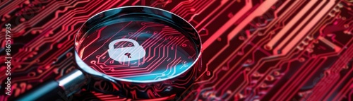 Magnifying glass, red circuit board background, lock icon, top view, showcases network security, cybernetic tone, analogous color scheme photo