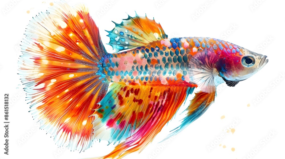 Vibrant Platy Fish with Colorful Fan like Tail Swimming in Clear Water on White Background Vibrant Platy Fish with Colorful Fan like Tail Swimming in Clear Water on White Background
