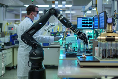 A robotic arm working alongside a scientist in a state-of-the-art laboratory, with various high-tech instruments and digital displays around