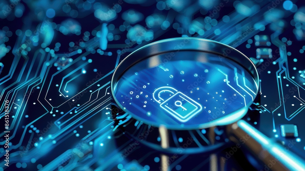 Fototapeta premium Magnifying glass, blue circuit board background, lock icon, front view, highlights data protection, technology tone, complementary color scheme