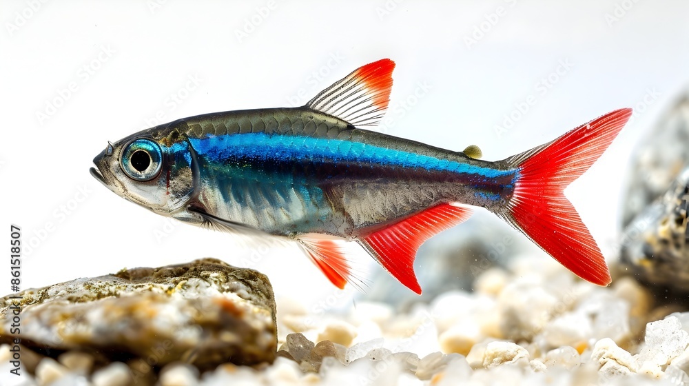 Fototapeta premium Vibrant Neon Tetra Fish Swimming in Clear Water with Iridescent Stripes on White Background