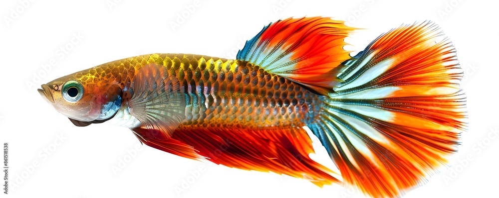 Vibrant Guppy Fish with Intricate Fan like Tail Pattern Isolated on White Vibrant Guppy Fish with Intricate Fan like Tail Pattern Isolated on White