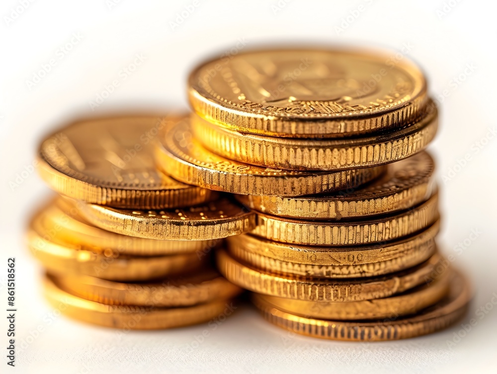 Stacked Golden Coins Reflecting Light Against White Background with Copy Space Stacked Golden Coins Reflecting Light Against White Background with Copy Space