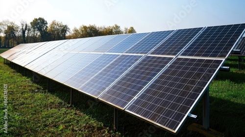 An array of solar panels in a rural setting, under a bright and clear sky, showcasing sustainable energy solutions