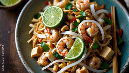 Vibrant Thai Noodle Dish: A colorful and appetizing Pad Thai loaded with tender shrimp, crispy tofu, and a medley of spices, served with a sprinkle of peanuts and a wedge of lime