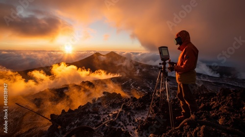 A scientist taking atmospheric readings atop a volcano during a warm, early morning © Sasint