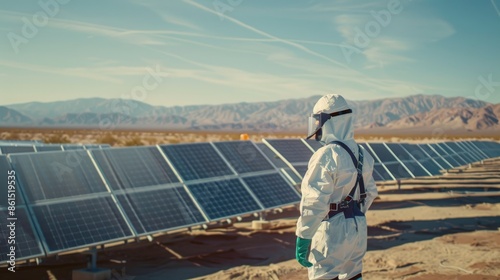 An engineer in protective gear inspects solar panels amidst the harsh desert environment, their dedication to renewable energy evident as they evaluate the functionality of the solar farm against the