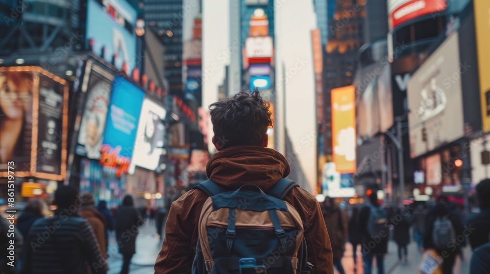 Fototapeta premium An adventurous traveler embraces the fast-paced lifestyle of the city, weaving through crowds and skyscrapers with a sense of purpose and determination, embodying a dynamic and ambitious spirit, with