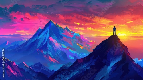 A joyous traveler stands atop a mountain, watching the sunset paint the sky with vibrant hues, surrounded by majestic peaks, with ample copy space for text or branding. photo