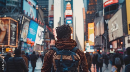 An adventurous traveler embraces the fast-paced lifestyle of the city, weaving through crowds and skyscrapers with a sense of purpose and determination, embodying a dynamic and ambitious spirit, with photo