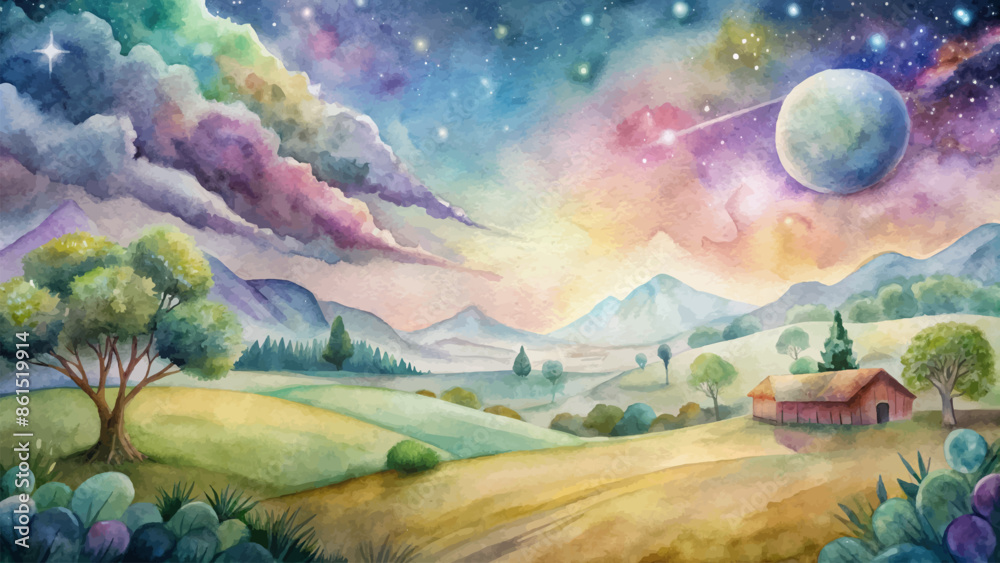 Rural watercolor background with beautiful sky Rural watercolor background with beautiful sky