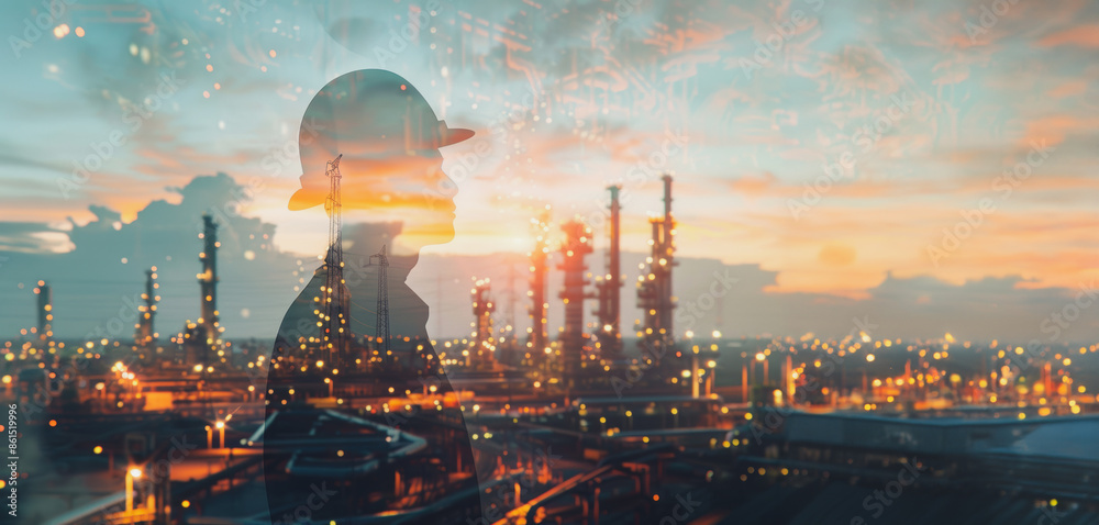Double exposure of industrial worker at an oil refinery during sunset Double exposure of industrial worker at an oil refinery during sunset