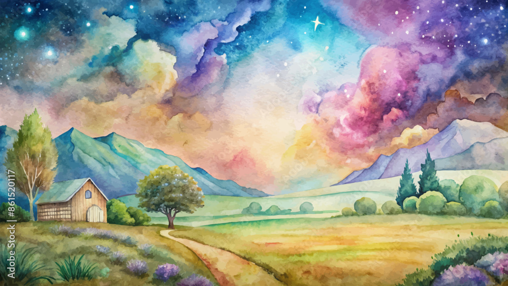 Rural watercolor background with beautiful sky Rural watercolor background with beautiful sky