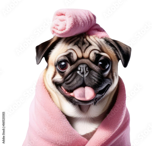 Funny pug wrapped in a pink terry towel cut out. Pug PNG. Concept grooming, dog salon, dog products and accessories