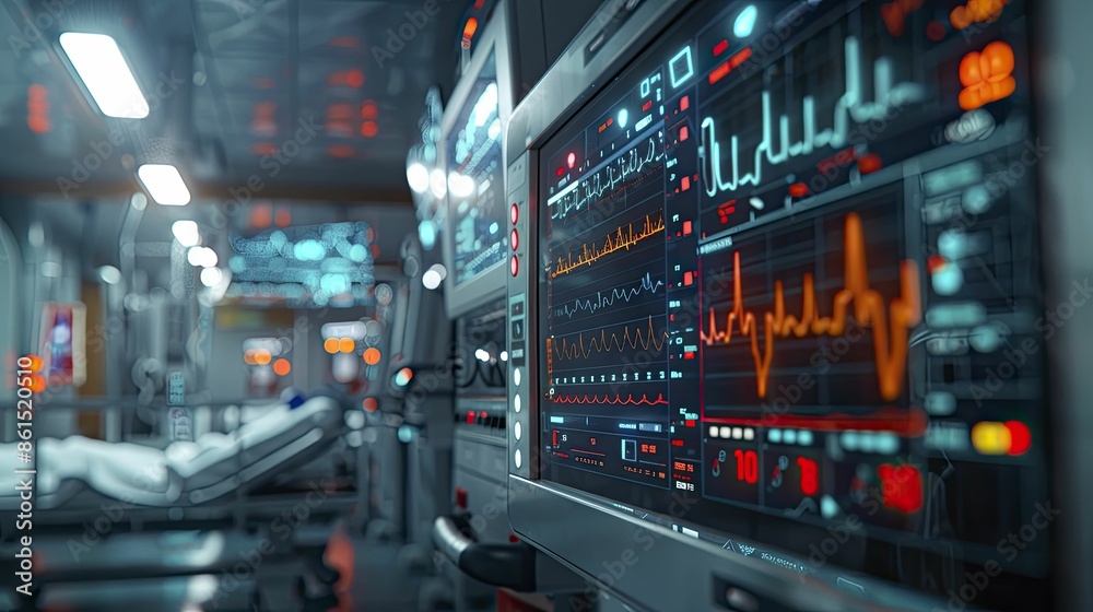 A monitor displaying vital signs in a hospital setting underscores the critical role of technology in monitoring and maintaining patient health. A monitor displaying vital signs in a hospital setting underscores the critical role of technology in monitoring and maintaining patient health.